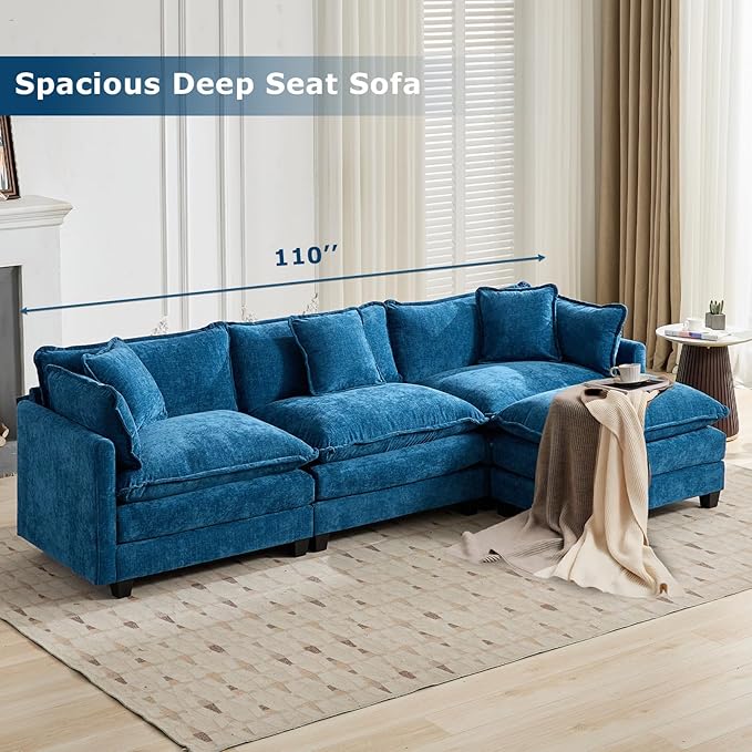 SoarFlash 113.78" Chenille Sectional Sofa, Comfy Modular Loveseat Sofa, Modern 3-Seat Couch Deep Seat Sofa Set for Living Room,Blue