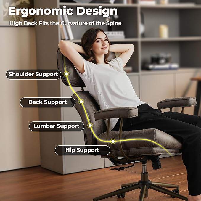 ovios Ergonomic Office Chair, High Back Faux Leather Executive Chairs with Thick Cushion, Comfy High-Century Modern Swivel Rolling Computer Armchair (Dark Grey, Suede Leather)