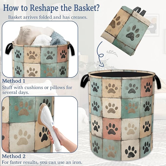 Cute Paw Print Laundry Basket,Foldable Oxford Cloth Vintage Laundry Hamper With Handle, 20.8"x16" Portable Clothes Storage Basket Bag for Laundry Room/Bathroom/Bedroom/Dormitories