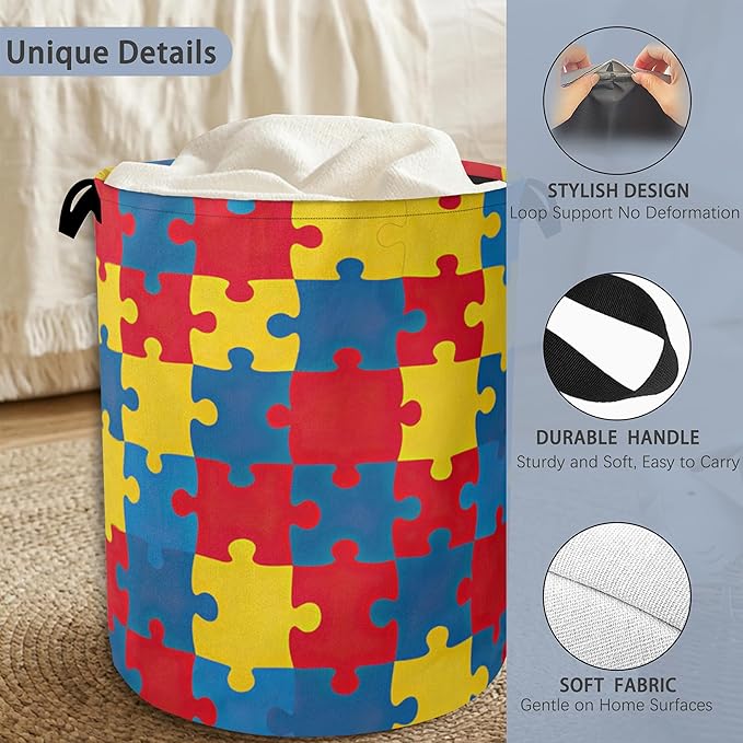 Colorful Puzzle Laundry Basket,Foldable with Handles Tote Bag Oxford Cloth for Bathroom Bedroom Dirty Clothes Storage Bucket 16" x 20.8"