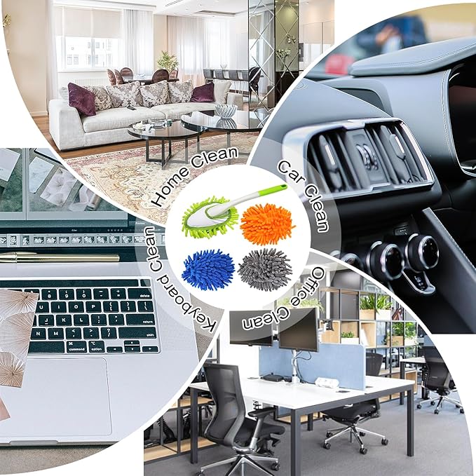 Microfiber Duster for Cleaning, Hand Washable Dusters with 4 pcs Replaceable Microfiber Head,Wet and Dry Use, Detachable Cleaning Supplies for Office, Car, Window, Furniture, Wall