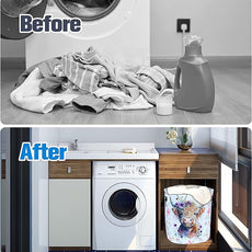 Highland Cow Laundry Basket Foldable Waterproof Oxford Cloth Funny Tote Bag Laundry Hamper Clothes Storage Bucket Toy Organizer For Bathroom/Laundry Storage/Bedroom Storage Basket 17.7x13.7 Inch