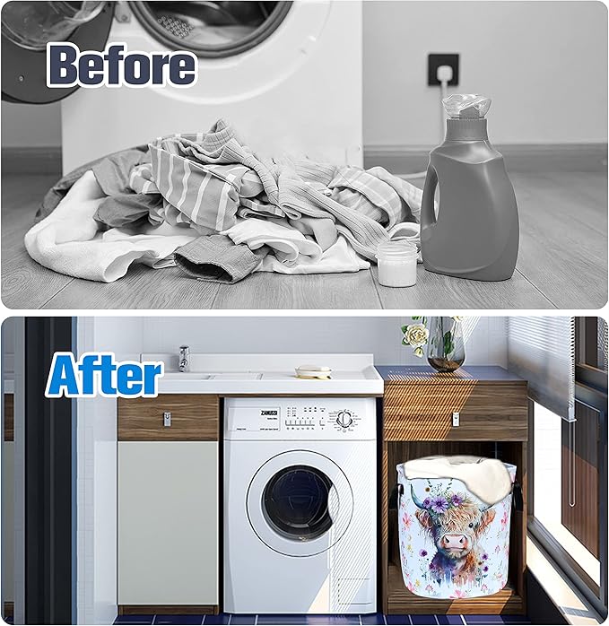 Highland Cow Laundry Basket Foldable Waterproof Oxford Cloth Funny Tote Bag Laundry Hamper Clothes Storage Bucket Toy Organizer For Bathroom/Laundry Storage/Bedroom Storage Basket 17.7x13.7 Inch