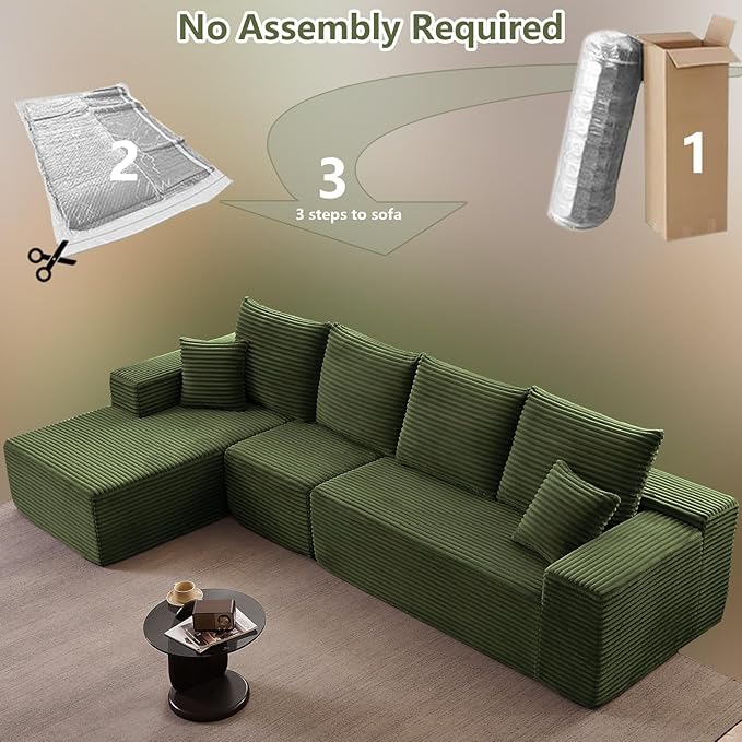 135" Cloud Sectional Couch with L-Shape Chaise, Modern Modular Comfy Sofa with Deep Seat, Upholstered Corduroy Couches Sleeper Chaise Longue for Living Room Bedroom, No Assembly Required, Green