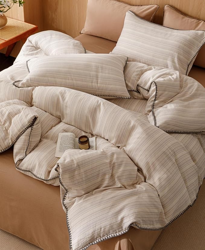 VM VOUGEMARKET 100% Linen Cotton Duvet Cover Set Queen 3pcs Yarn Dyed Vertical Pinstripe Ticking Pattern Breathable Farmhouse Bedding Set - Purple Yellow Stripe, Queen Size