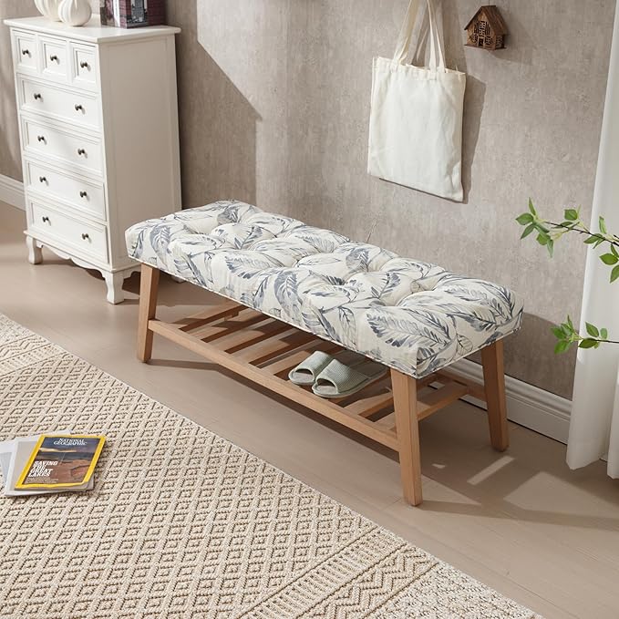Kmax Entryway Bench with Shoe Storage, Upholstered Wood Storage Bench for Living Room Window Bench with Storage for Bedroom End of Bed - Linen, Floral Pattern
