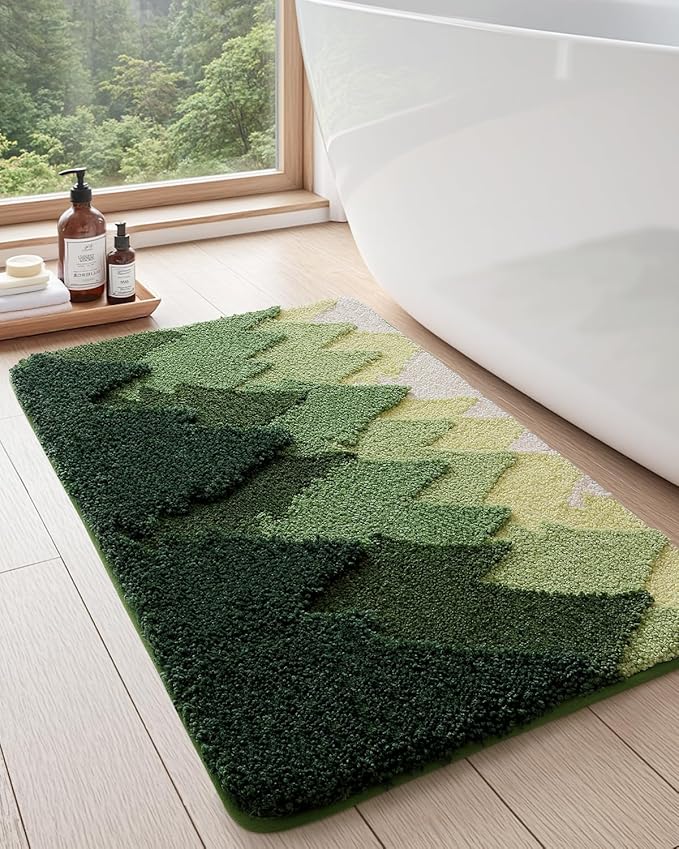 DEXI Bathroom Rugs Non Slip, 16x24 Washable Microfiber Bath Mat Quick Dry, Absorbent Ultra Soft Forest Trees Bathmat for Shower Floor Tub Sink, Green