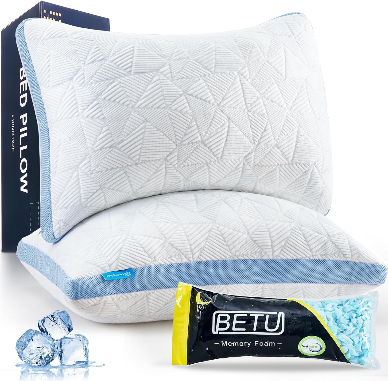 BETU Standard Pillow, Cooling Shredded Memory Foam Pillow for Hot Sleepers College Dorm Room Essentials, Adjustable Firm Gel Cool Pillow for Back Pain and Side Sleeping, Birthday Gifts for Boyfriend Dormly