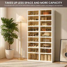 Foldable Shoe Organizer Storage Box, Portable Extra Large Folding Shoe Rack for Closet, Shoe Storage Box with Magnetic Transparent Door and Wheels, 9 Layers 18 Grids with 2 Big Grids