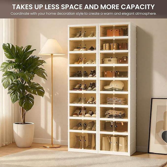 Foldable Shoe Organizer Storage Box Set of 2, Portable Extra Large Folding Shoe Rack for Closet, Shoe Storage Box with Magnetic Transparent Door and Wheels, 9 Layers 18 Grids with 2 Big Grids