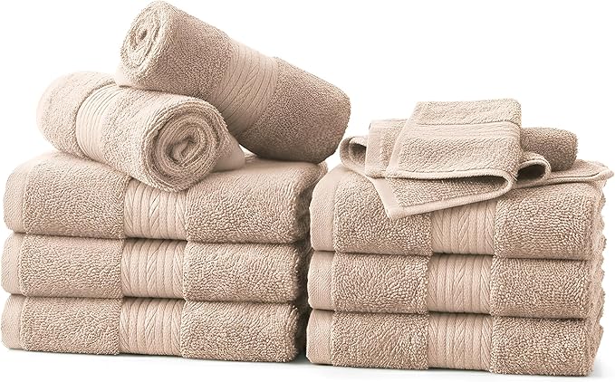 Ample Decor Wash Cloths Pack of 10, Oeko Tex Certified 600 GSM 100% Cotton Soft Absorbent, Premium Quality Durable Machine Washable, Ideal for Bathroom, Pool, Hotel, Spa – Beige