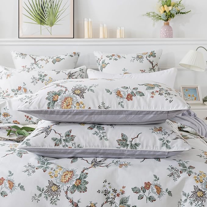 FADFAY Duvet Cover Set Queen Elegant Floral Bedding Shabby Beige Bird Print Flower Quilt Cover Set Vintage Farmhouse Bedding 100% Cotton Soft Comforter Cover Set with Zipper Closure 3Pcs, Queen Size
