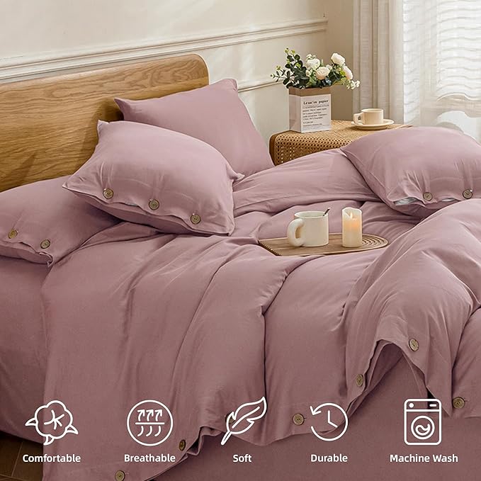 JELLYMONI Cotton Duvet Cover Twin Size - Pink Comforter Cover with Button 100% Washed Cotton 2PCS Breathable Soft Solid Bedding Set Duvet Cover 68×90in & 1 Pillowcase (NO Comforter)
