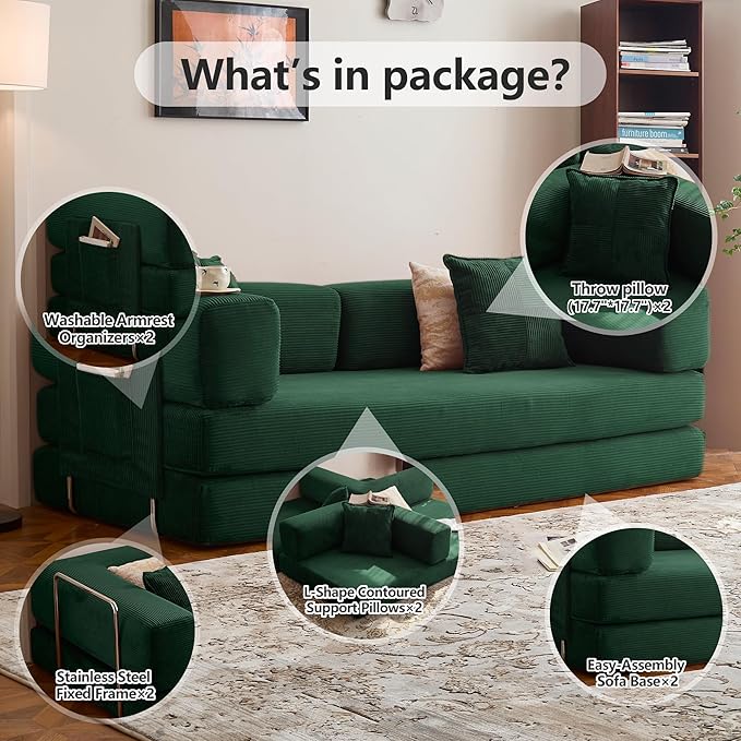 78.8" Convertible Sofa Bed -Compression Sofa with Corduroy Fabric - with Armrests and Backrest - Modular Sectional for Living Room, Bedroom, Studio - Compression Sofa in Box (Dark Green)