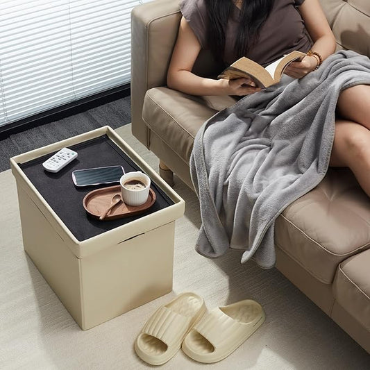 AmasSmile Storage Ottoman Folding Foot Rest Stool, Leather Footstool Bench, Short Ottoman Stool, Storage Foot Rest Store, Books (Beige, 17" D x 13" W x 13" H)