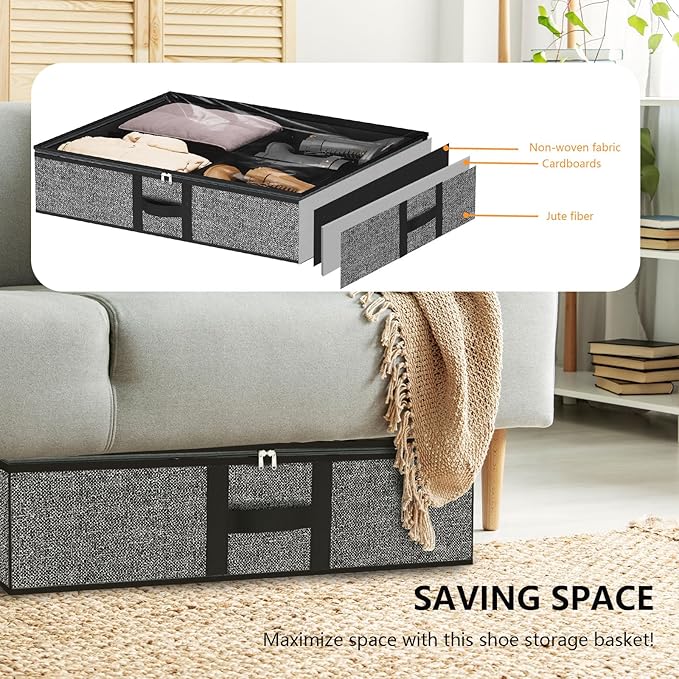 homyfort Under the Bed Shoe Organizer Fits 12 Pairs and 4 Pairs Boots,Sturdy & Breathable Materials,Underbed Storage Solution for Kids Men & Women Shoes,Great Space Saver for Your Closet Set of 2