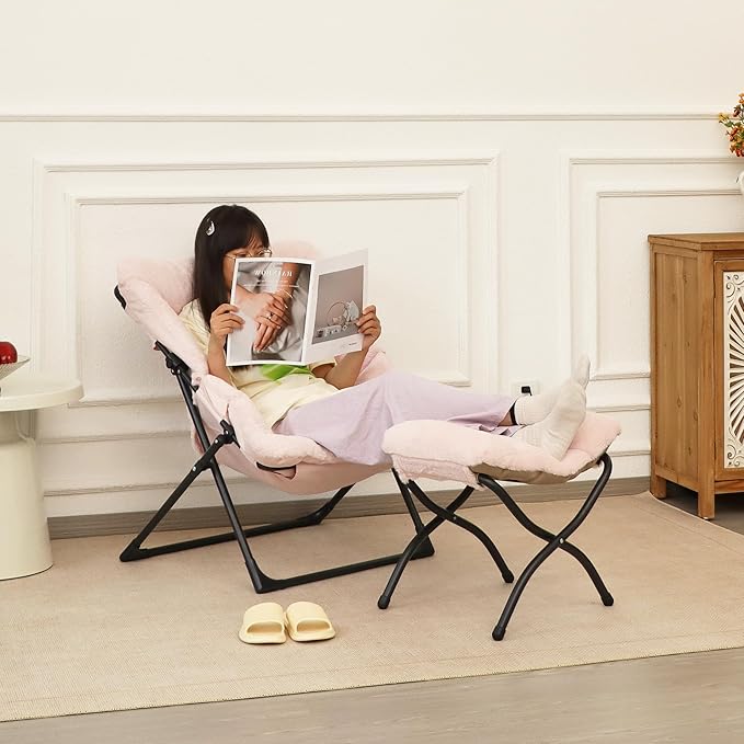 Comfy Saucer Chair for Adults, Soft Faux Fur Bedroom Chair with Ottoman, Accent Dorm Chairs, Living Room Reading Chairs and Footstool, Folding Lounge Seat for Teens, X-Large, Light Pink