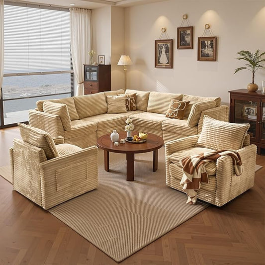 Modular Sectional Sofa, 98" L Shaped Couch Set for Living Room, 4-Seater Comfy Cloud Couches with Swivel Chairs, DIY Combination, Plush Corduroy, Beige