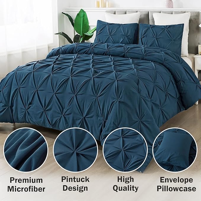 Andency Navy Blue Pinch Pleat Comforter Full(79x90Inch), 3 Pieces(1 Pintuck Comforter and 2 Pillowcases) Down Alternative Microfiber Bedding Set
