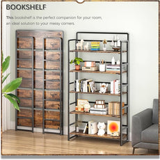 4NM No Assembly Extra Wide 5 Tiers Folding Bookshelf Storage Shelves Vintage Bookcase Standing Racks Study Organizer Home Office (Rustic Brown Black)
