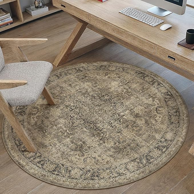 3x3 Washable Brown Round Rug Vintage Entryway Kitchen Cirlce Rug Non-Slip Soft Low Pile Distressed Indoor Carpet for Entrance Bathroom Dining Room