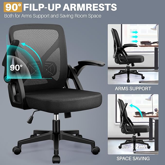 FelixKing Office Chair - Ergonomic Desk Chair Breathable Mesh Task with Wheels and Lumbar Support Home Desk Office Chairs with Flip up Armrest Rolling Swivel for Home Computer Black Pack of 4