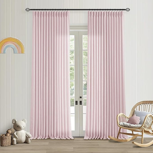 Baby Pink Linen Pinch Pleated Curtains 96 Inch Length 2 Panels for Girls Bedroom Nursery Soft Thick Linen Window Curtains 96 Inches Long Semi Sheer Light Filtering for Living Room Blush Dusty Pink