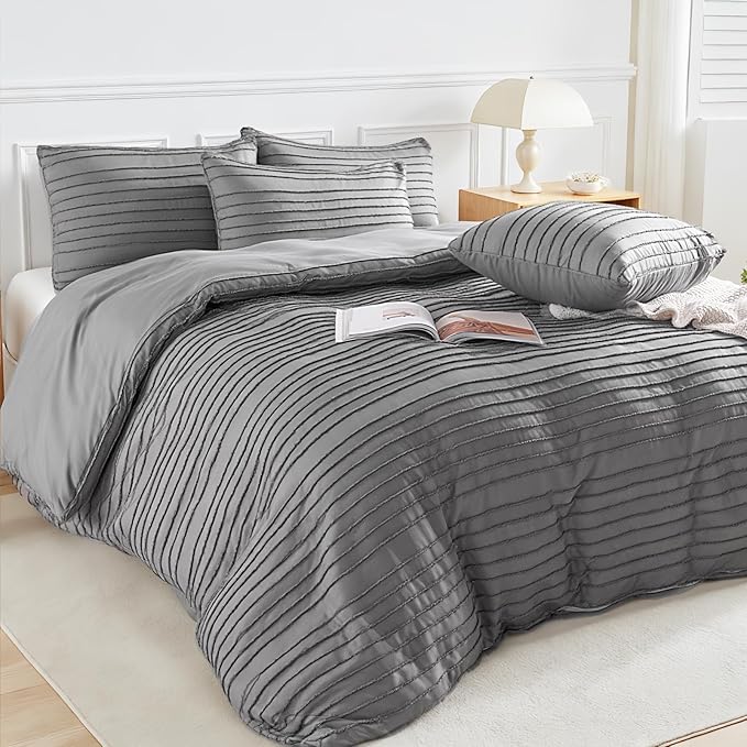 NEXHOME PRO Duvet Cover Queen Size, Grey 3 Pieces Boho Tufted Duvet Cover Set, Soft and Lightweight Microfiber Comforter Cover Set for All Season (Grey Queen, 90 x 90)-No Comforter