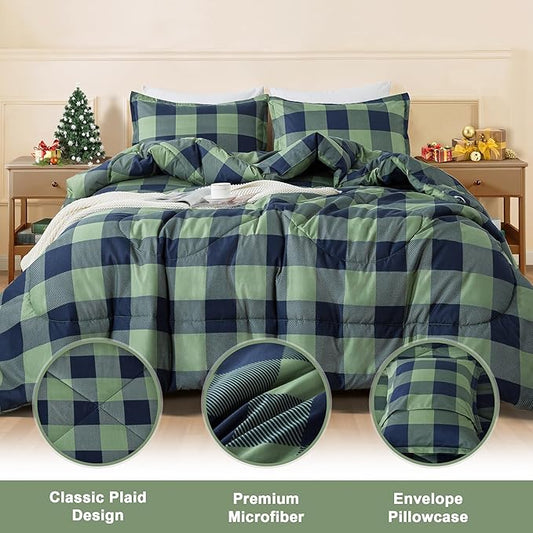 Andency Green Plaid Comforter King(104x90Inch), 3 Pieces (1 Comforter, 2 Pillowcases) Buffalo Checkered Gingham Bed Set, Soft Geometric Bedding for Boys