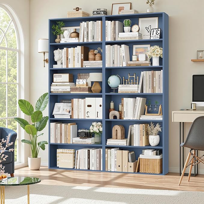 FOTOSOK 6-Tier Open Bookcase and Bookshelf Set of 2, Freestanding Display Storage Shelves Tall Bookcase for Bedroom, Living Room and Office,Blue