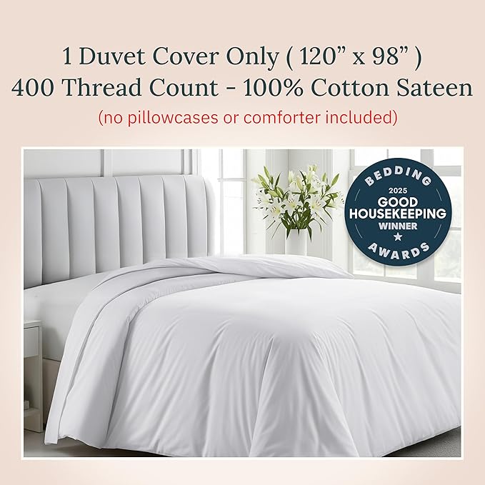 California Design Den Oversized King Duvet Cover Only - Winner Good Housekeeping Best Bedding Awards 2025, Premium 400 Thread Count Sateen, 100% Cotton Duvet Cover, Button Closure & Corner Ties -White