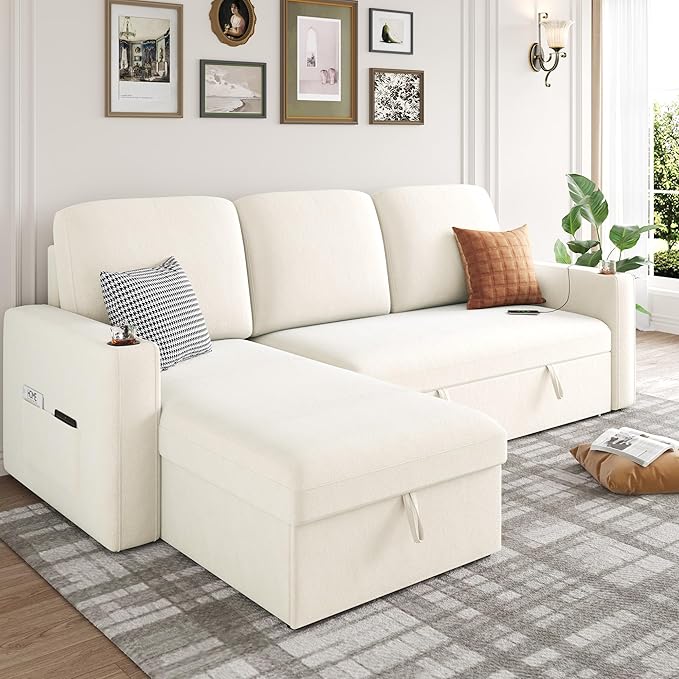 Keyluv 87" Pull Out Sleeper Sofa Bed with Storage Chaise, Reversible 2 in 1 Sectional Sofa Bed with Charging Station and Cup Holder, L-Shaped Sofa Couch for Living Room, Velvet Beige