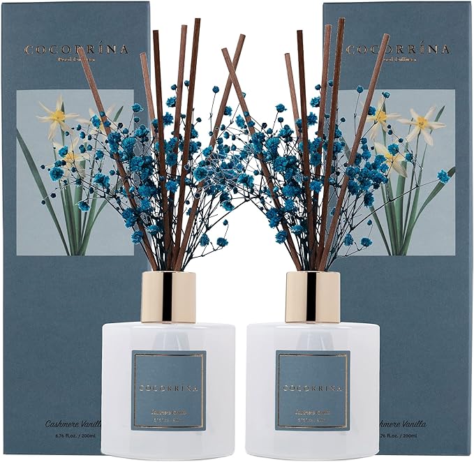 Cocorrína Premium Reed Diffuser Set with Preserved Baby's Breath & Cotton Stick Cashmere Vanilla 2 Packs, 6.7oz Scent Fragrance Oil Diffuser for Bedroom Bathroom Home Décor