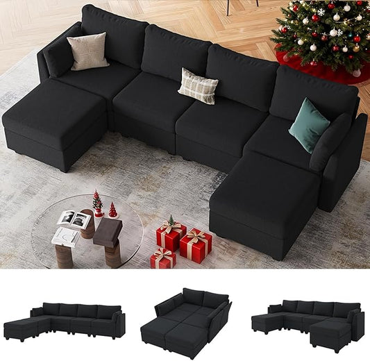 114.17" Modular Sectional Sofa, 6 Seat Sectional Couches with Storage, Memory Foam, Convertible Modular Couch for Living Room, U Shaped Comfy Modular Sofa with Chaise, Black