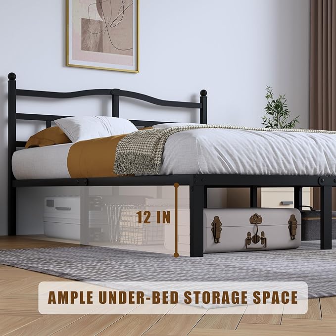 14 Inch Metal Bed Frame - Queen Size Heavy Duty Bedframe with Headboard Black Basic Steel Slats Platform No Box Spring Needed/Easy Assembly/Noise Free