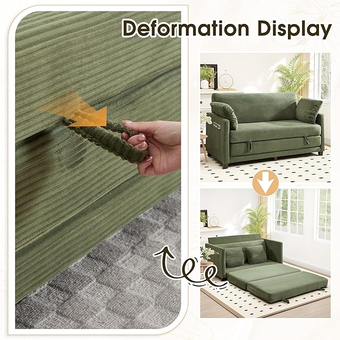 65" Convertible Loveseat Sofa Bed, 2-in-1 Folding Sofa Bed with 2 Pillow for Small Spaces, Modern Loveseat Sleeper Couch for Apartment, Living Room & Guest Room (Green Corduroy, 65 inch)