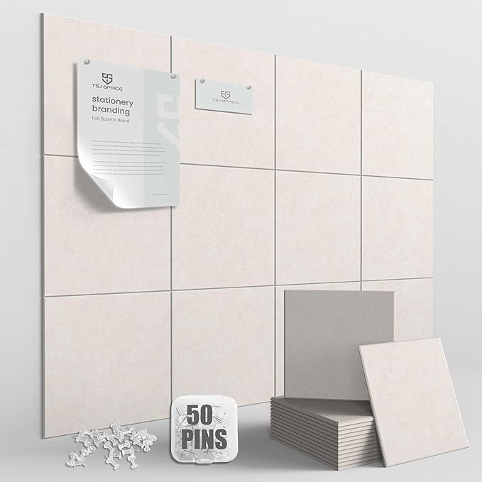 TSJOFFICE Large Cork Board for Wall - 48" x 36" Bulletin Board with 50 Pushpins for Office Decor, Pin Board 12 Pack Felt Wall Tiles with Safe Removable Adhesive Tabs, Corkboard for Home - Warm White