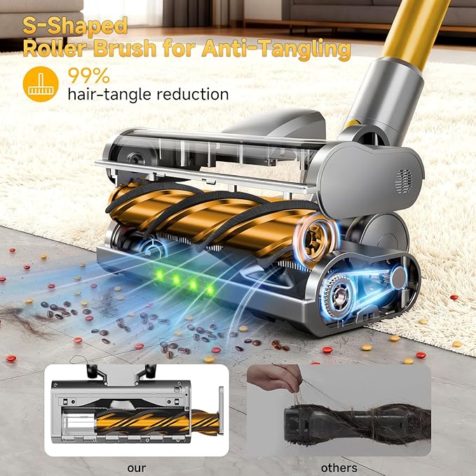 Cordless Stick Vacuum Cleaner - 45KPA Powerful Suction Vacuum with 45 Min Runtime, Detachable Battery, Anti-Tangle & 1.5L Dust Cup, 8 in 1 Vacuum Cleaner for Pet Hair, Carpet, HardFloor, Yellow