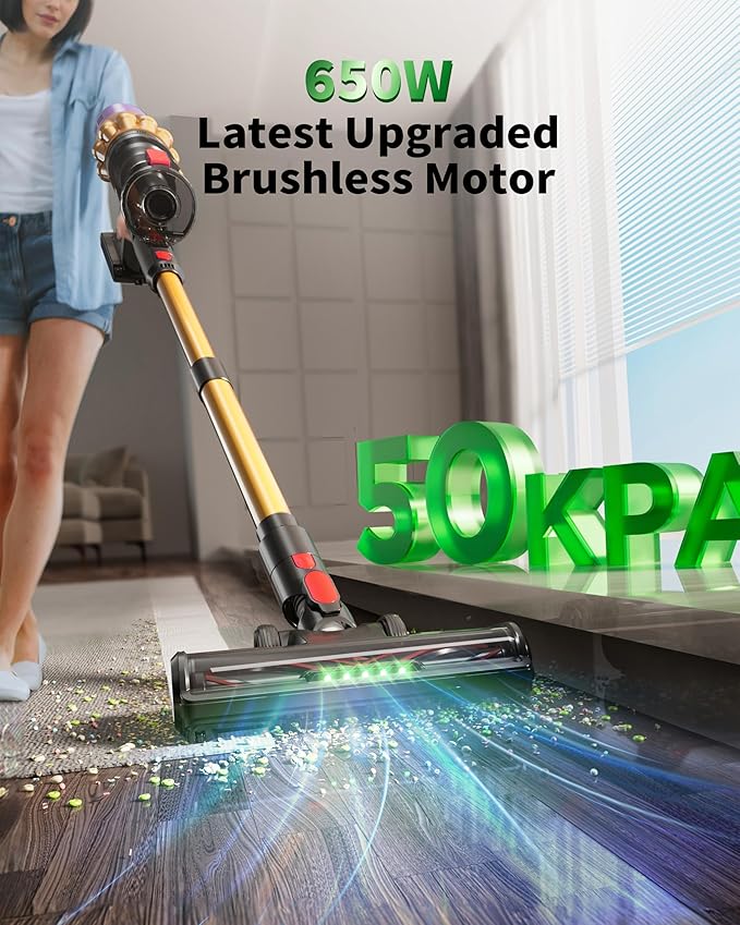Cordless Vacuum Cleaner, 650W 50KPA 70Mins, Upgraded Vacuum Cleaners for Home, Self-Standing Stick Vacuum with Anti-Tangle Brush, LED Touch Screen for Hardwood/Carpet/Pet Hair/Car