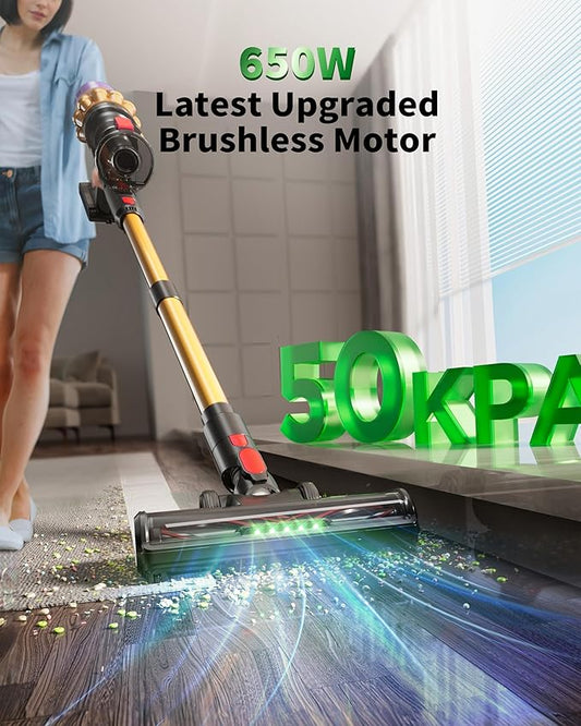 Cordless Vacuum Cleaner, 650W 50KPA 70Mins, Upgraded Vacuum Cleaners for Home, Self-Standing Stick Vacuum with Anti-Tangle Brush, LED Touch Screen for Hardwood/Carpet/Pet Hair/Car