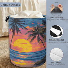 Tropical Palm Tree Laundry Basket,Sunset Beach Oxford Cloth Laundry Hamper with Handle Foldable Portable Clothes Storage Basket for Bathroom Bedroom Dorm Room 16