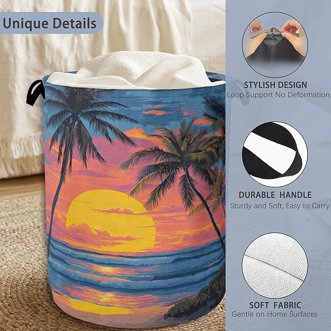 Tropical Palm Tree Laundry Basket,Sunset Beach Oxford Cloth Laundry Hamper with Handle Foldable Portable Clothes Storage Basket for Bathroom Bedroom Dorm Room 16" x 20.8"