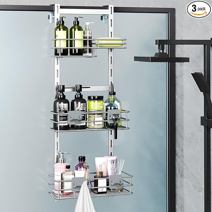 Orimade Over The Door Shower Caddy Adjustable 3 Tier Silver,Bathroom Hanging Organizer Shelf Rustproof with 4 Hooks,Shower Basket with Soap Holder and Suction Cup