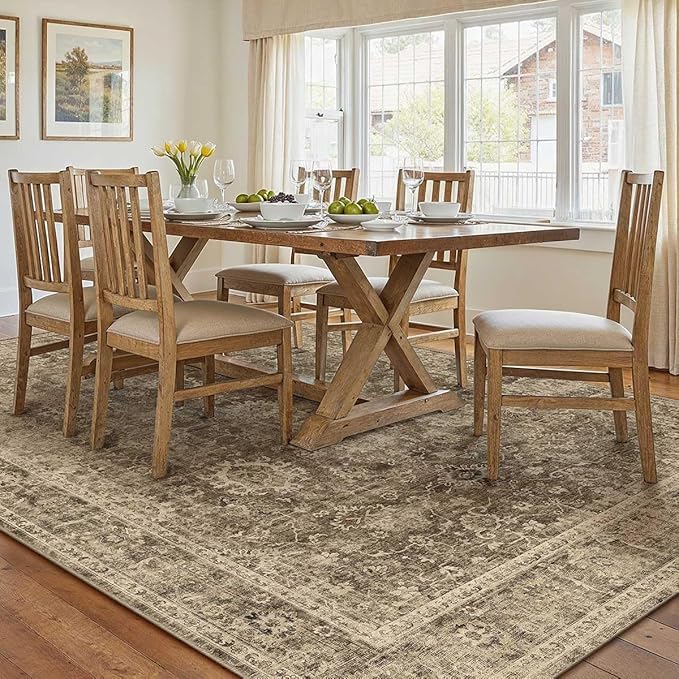 9x12 Brown Vintage Area Rug for Living Room Bedroom Large Distressed Rustic Carpet Non-Slip Low Pile Lightweight Vacuumable Soft Washable Throw Rug for Indoor Dining Room