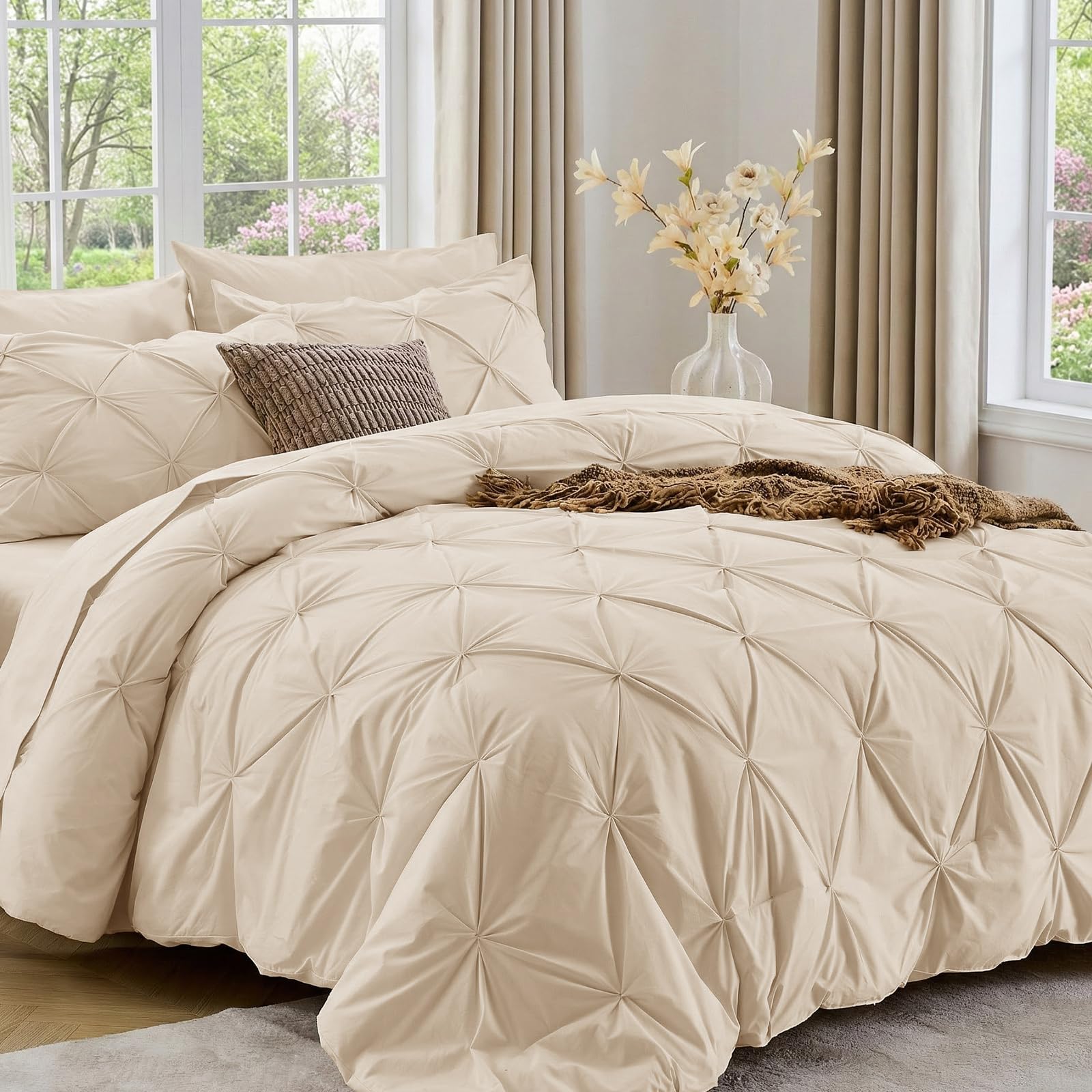 Sasttie Twin XL Comforter Set, 5-Piece Bed in a Bag, Pintuck Bedding Sets for All Season, Includes Comforter, Flat Sheet, Fitted Sheet, Pillowcase and Pillowsham, Beige
