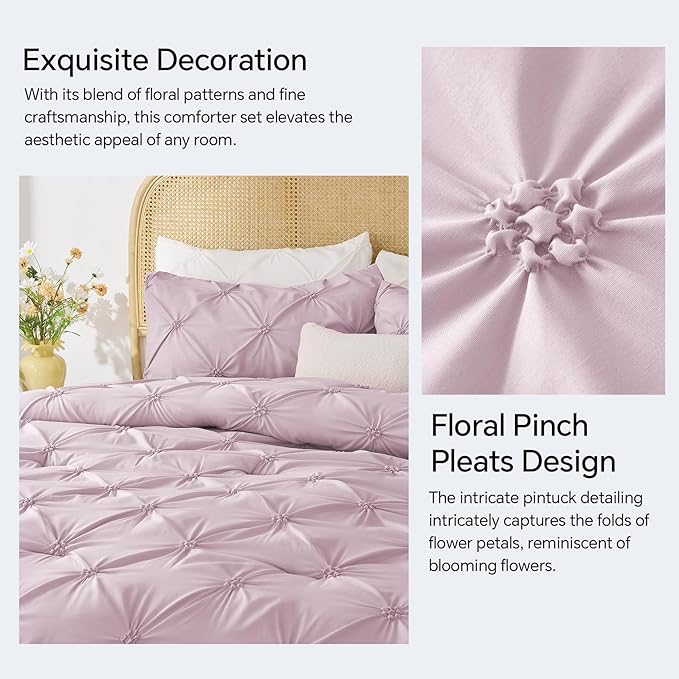 BEDELITE Light Purple King Size Comforter Set - 3 Pieces Boho Pintuck Bedding Comforter Sets, Lightweight Soft & Warm King Bedding Set with 2 Pillowcases for All Season