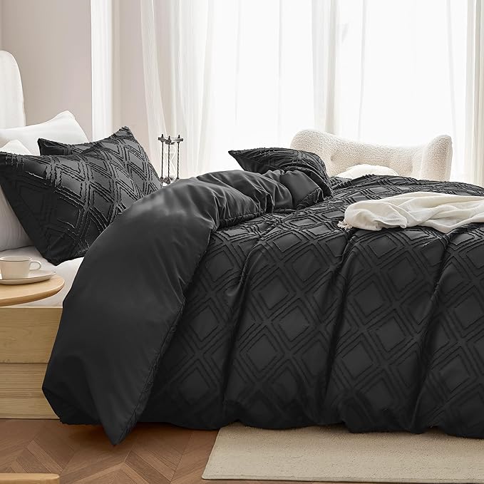 JELLYMONI Duvet Cover King Size Black - 3PCS Boho Duvet Cover Set Plaid Polyester Tufted Bohemian Jacquard Knit Textured Comforter Cover 104×90in Rhombic Geometric Pattern Zipper Corner Tie