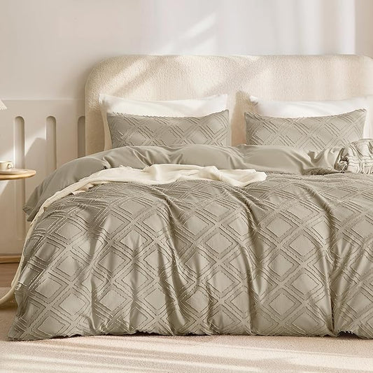 JELLYMONI Duvet Cover Queen Size Khaki - 3PCS Boho Duvet Cover Set Plaid Polyester Tufted Bohemian Jacquard Knit Textured Comforter Cover 90×90in Rhombic Geometric Pattern Zipper Corner Tie
