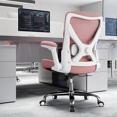 Office Home Ergonomic Desk Chair-Computer X-Shaped Chair Mesh PU Leather with Adjustable Lumbar Support-Executive Chair High Back Flip-Up Arms for Long Hours (Pink-No Headrest)