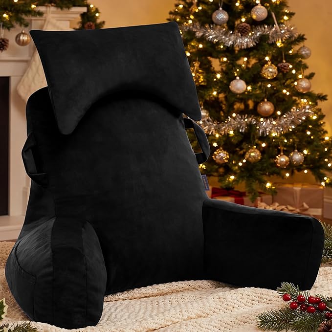 Portable Reading Pillows with Headrest for Bed Sitting Up(Black Oeko-Tex), Velvet Back Pillow with Arms & Pockets for Adults, Support Memory Foam Bed Pillow for Dorm/Reading/Watching/Gaming